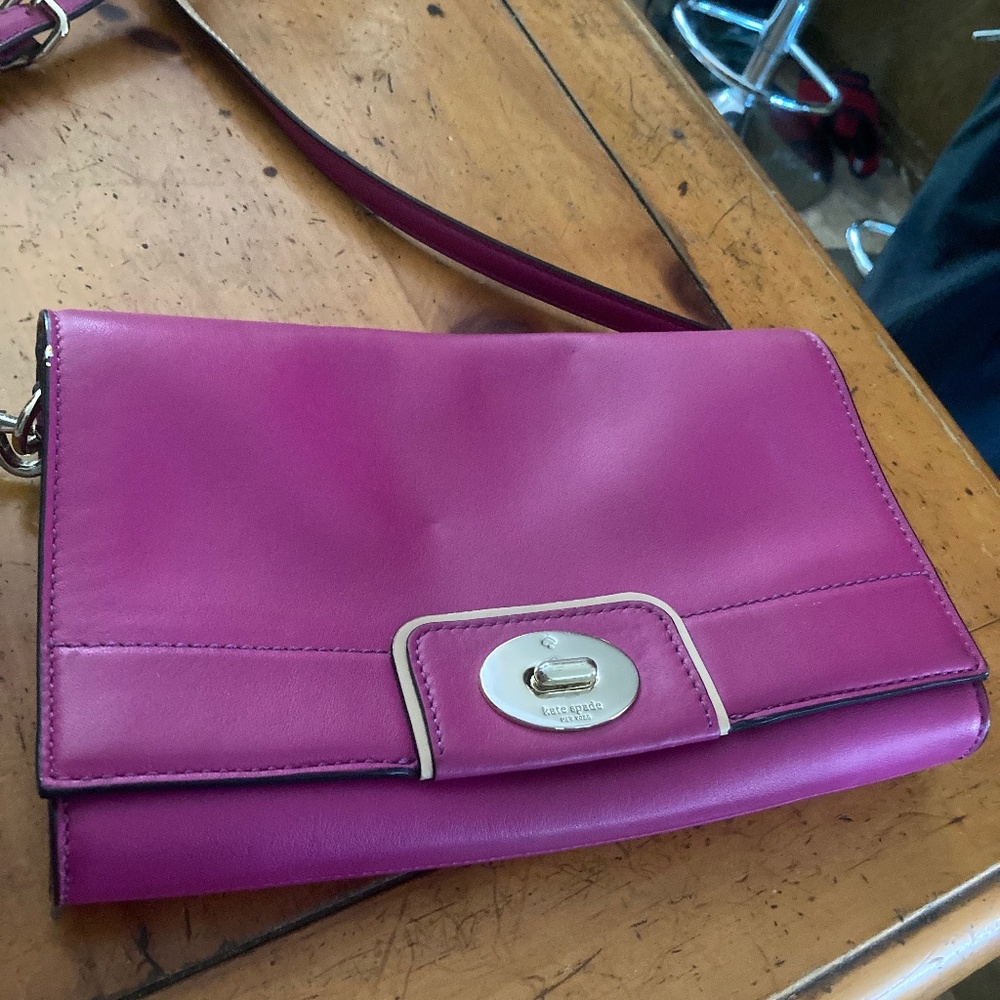 Kate Spade Fuschia Multi Pocket - with Black & White Stripe Lining